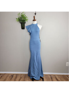 NEW Lulu's Margaux Maxi One Shoulder Dress Ruffle Mock Neck Mermaid Slate Blue S